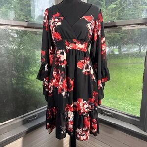 Betsey‎ Johnson Black Floral Print Long Sleeve Ruffle Mini Dress Size 10